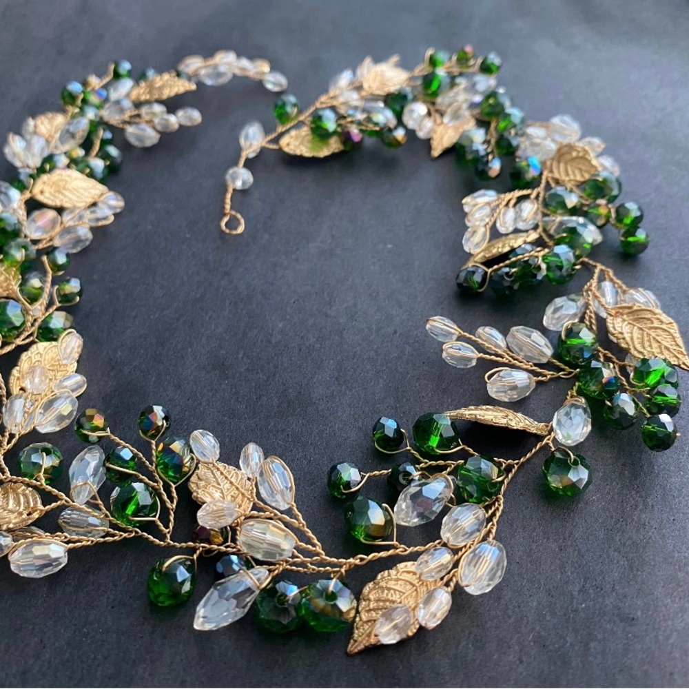 Gold Green and Crystal Hair Vine for Bridal Wedding Cosplay Renaissance Faire